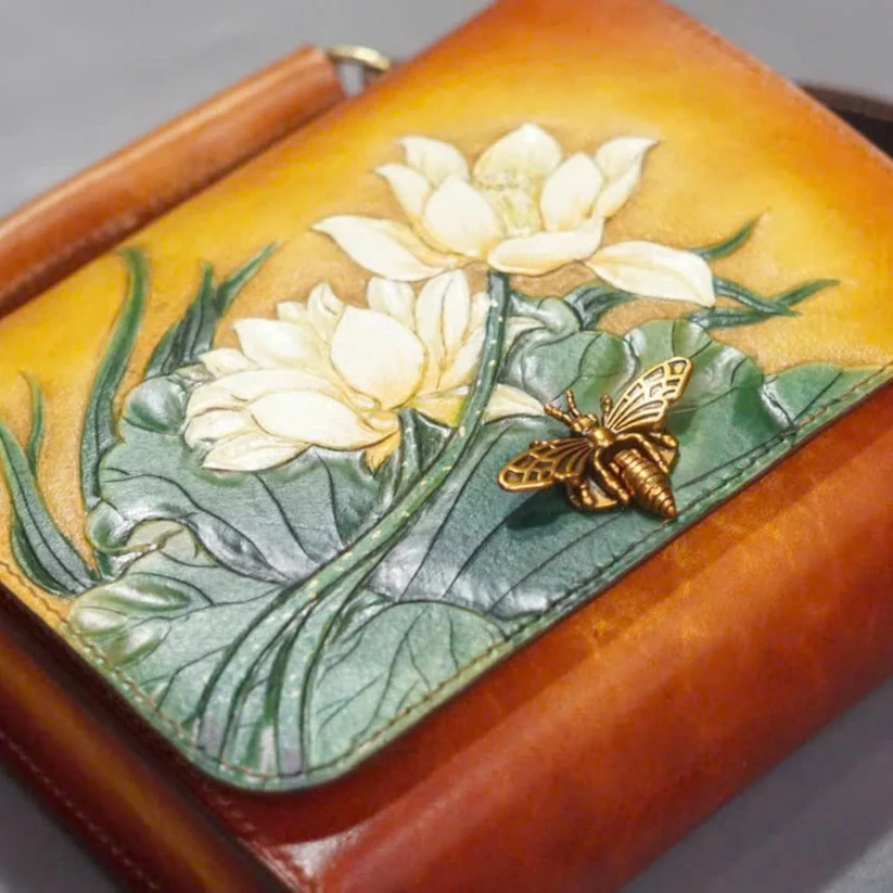 Hand-Carved Leather Handbag - Lotus Blossom & Bee Accent (1)