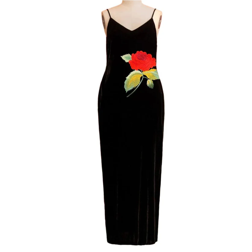 Vintage Velvet Maxi Dress with Embroidered Rose (1)