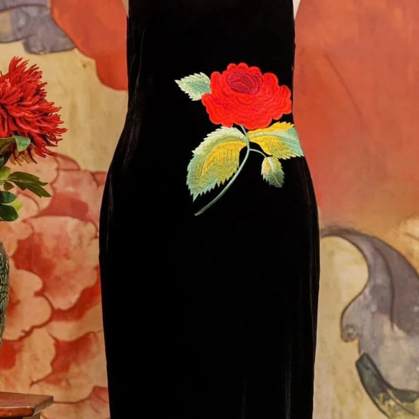 Vintage Velvet Maxi Dress with Embroidered Rose (3)